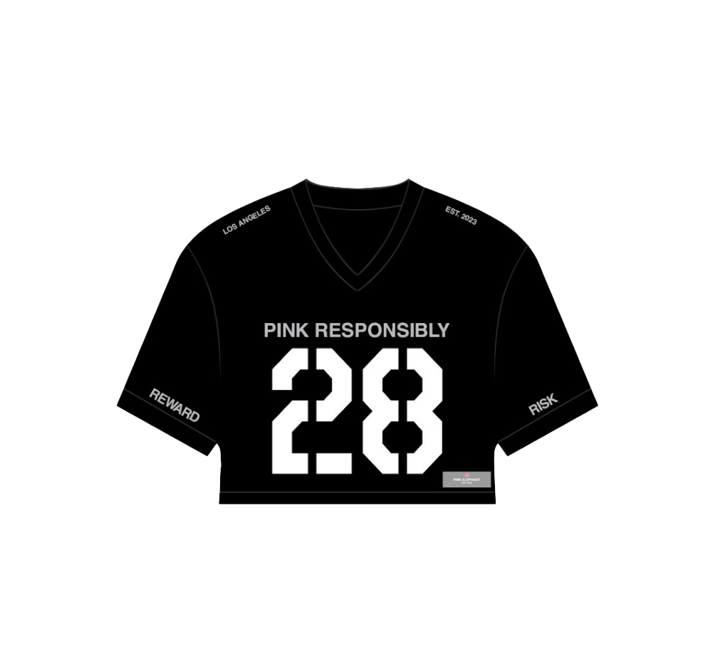reward + risk cropped varsity jersey in black [women's]